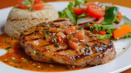 Delicious colombian grilled pork chop with fresh salsa, paired with white rice and a colorful garden salad
