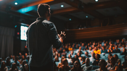 Male speaker giving a talk at business conference. Audience in the conference hall. Business and Entrepreneurship concept.