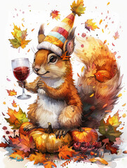 Charming Squirrel Celebrating Autumn with Wine and Colorful Pumpkin.