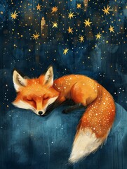 Obraz premium Slumbering Fox Under Starry Night Sky: Enchanting Wildlife Illustration.