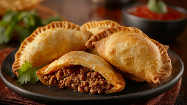 Authentic colombian empanadas filled with savory beef on a black plate with fresh cilantro and a side of tomato salsa