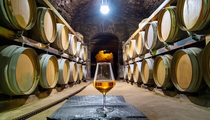 glass of refined whisky in a distillery cellar - obrazy, fototapety, plakaty