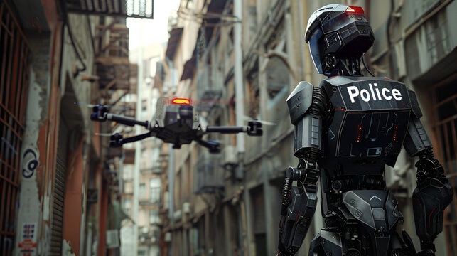robot policeman patrols the urban block with its robotic drone mate, daylight, realistic