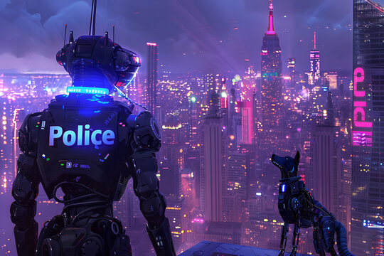 cyberpunk neon-lit city robotic overwatch, robodog companion