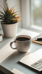 banner with minimalist branding photo , desk, notebook, one cup of coffee, strong contrast aesthet