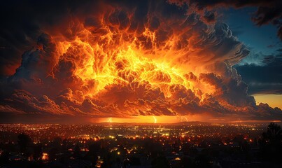 A large city is being consumed by a raging firestorm. The flames are so intense that they are lighting up the sky. The city is in ruins, and the people are running for their lives.