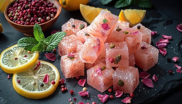 A beautiful and delicious Turkish delight made with lemon and rose. It is garnished with pistachios and dried rose petals.