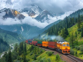 Obraz premium The train is running through the beautiful mountains.