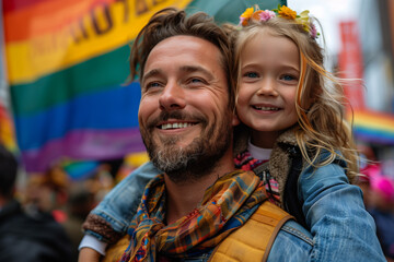 Fototapeta premium Father Carrying Daughter in Gay Pride Parade