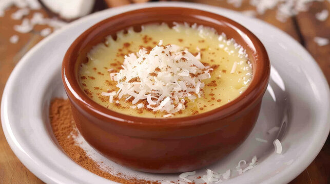 Creamy colombian natilla with grated coconut and cinnamon, served in a traditional brown clay dish, a delicious latin american holiday treat