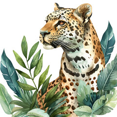 leopard and and tropical leaves watercolour vector illustration for background
