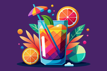 Refreshing tropical cocktail against purple background. Vibrant drink in floral setting. Concept of summer drinks, refreshing beverages, exotic cocktails, leisure. Graphic illustration