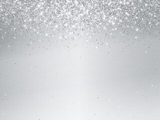 Silver glitter lights background. Sparkling glittering rain effect. Celebration backdrop for Christmas, wedding, birthday party. Luxury metallic frame, border. Vector.