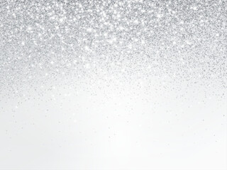Silver and white glitter lights background. Sparkling glittering rain effect. Celebration backdrop for Christmas, wedding, birthday party. Luxury metallic frame, border. Vector.
