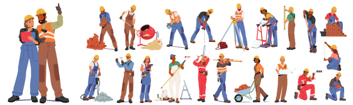 Diverse Group Of Builders Engaged In Construction Activities, Planning, Bricklaying, Painting, And Using Various Tools