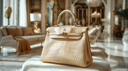 Chic beige designer bag with crocodile texture