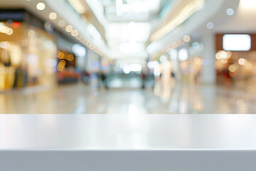 An empty white table top with a blurred background of a shopping mall interior, blur and bokeh effect for product display presentation in an e-commerce concept