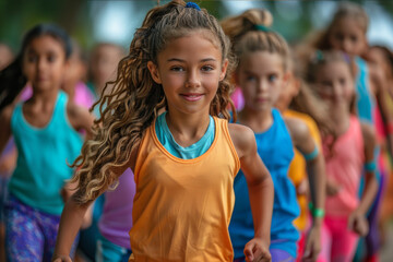 Kids participating in a fitness boot camp on a vibrant park, energetic and fun. AI generated.