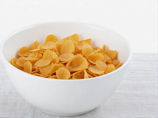 Breakfast Corn flakes in a white bowl on a white background