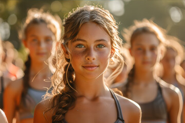 Kids participating in a fitness boot camp on a vibrant park, energetic and fun. AI generated.