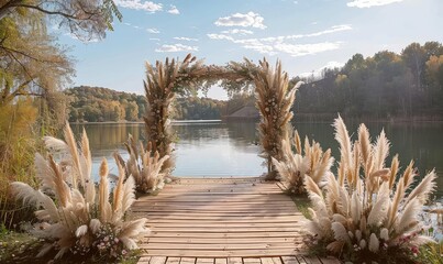 A beautiful lakeside wedding ceremony is held on a wooden dock