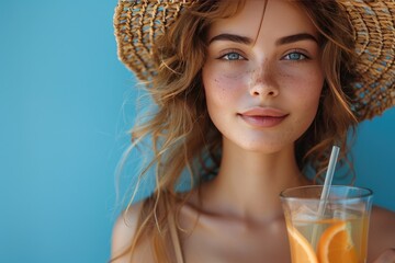 Summer fashionable colorful portrait of stylish young woman drinking juice, wearing a straw hat on blue background. Beach vacation concept