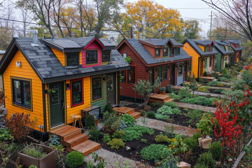 An aerial view of a tiny house village, emphasizing community and shared outdoor spaces. AI generated.