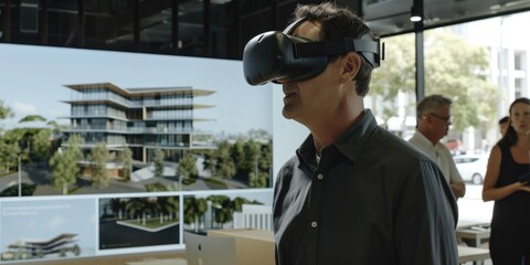 Skilled architect wearing visual reality glasses by using VR goggles to connect and design building...
