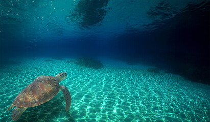 a green turtle on a reef in the caribbean sea