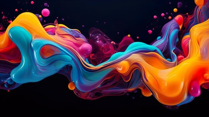 Fluid acrylic painting abstract texture on dark background. Purple pink blue and orange liquid wavy...