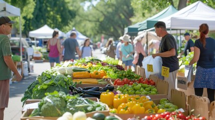 Farmers Market: A bustling farmers market scene with stalls displaying an array of organic...