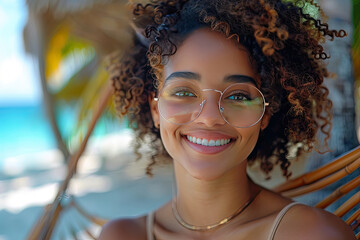 Portrait of happy young black woman relaxing at tropical beach while looking at camera wearing sunglasses. Smiling african american girl with fashion sunglasses enjoying vacation.