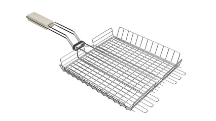 Metal grid grill with light wood handle isolated on transparent and white background. Barbecue concept. 3D render