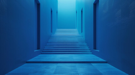 A blue hallway with a staircase leading up to a door