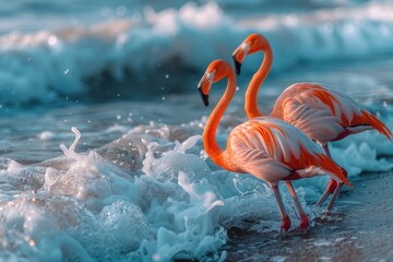 Pink flamingos on beautiful sandy beach and soft blue ocean wave summer concept background