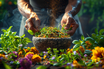 Close-up of hands grinding herbs in a stone mortar against a blurred background. AI generated.