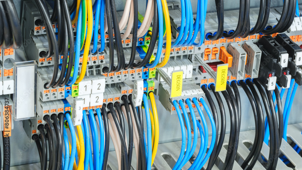 Aufkleber a bunch of wires are connected to a box with yellow and black labels