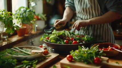 Healthy Eating: A person preparing a salad or meal using the organic vegetables, promoting the idea of healthy eating and the importance of consuming fresh, nutrient-rich foods. Generative AI