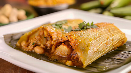 Colombian tamale on a white plate with cilantro garnish showcases colombia's vibrant culinary traditions