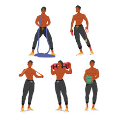 Bodybuilder Male Gripping Resistance Band, Weighted Bag, Medicine Ball and Heavy Battle or Jump Rope In Empowered Poses