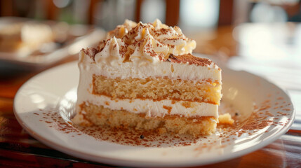 Delicious serving of classic colombian tres leches cake on a pristine white platter, dusted with cocoa powder