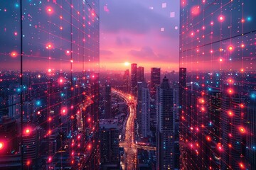 Obraz premium A beautiful cityscape with a modern twist. The colors are vibrant and the lights are bright. The city is full of life.
