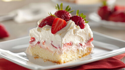 Delicious strawberry cream cake, a classic colombian treat, presented on a white plate with fresh strawberries and a syrup drizzle