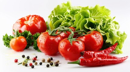 Vegetables for salad. vegetarian food. fresh tomato, paprika, lettuce. Generative AI