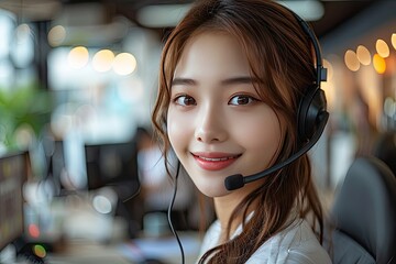 Smiling young Asian woman operator working with headsets and desktop computer at telemarketing customer service, call center. Contact or talking with customer