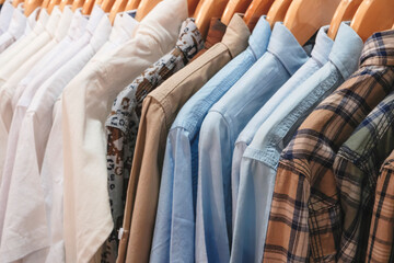 A row of shirts hanging on a clothesline, with some of them being plaid. The shirts are of...