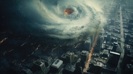 big explosion in the city. panorama of the urban landscape. nuclear explosion, tornado, hurricane. war and destruction