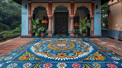 Create a colorful and vibrant rangoli pattern on the floor of a traditional Indian courtyard