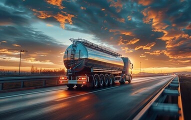 Tanker Truck Driving on Highway at Sunset