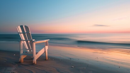 A chair is placed on the beach at dusk, with water reflecting the colorful sky and clouds as the sun sets over the horizon, creating a serene landscape AIG50